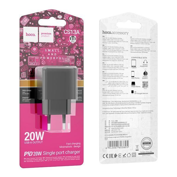 Мережевий зарядний пристрій HOCO CS13A Ocean single port PD20W charger Black 6942007603805 фото