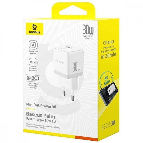 МЗП Baseus Palm Fast Charger 30W (Type-C + USB) White P1011160A213-00 фото