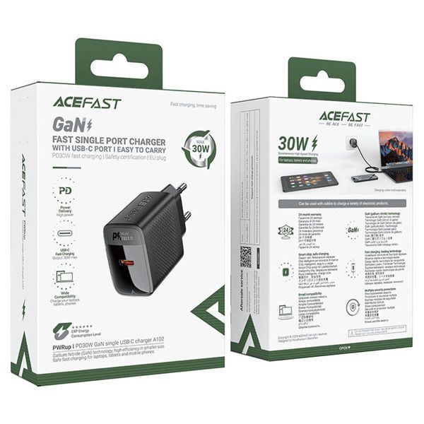 Мережевий зарядний пристрій ACEFAST A102 PD30W GaN single USB-C charger (EU) Black 656-01276 фото