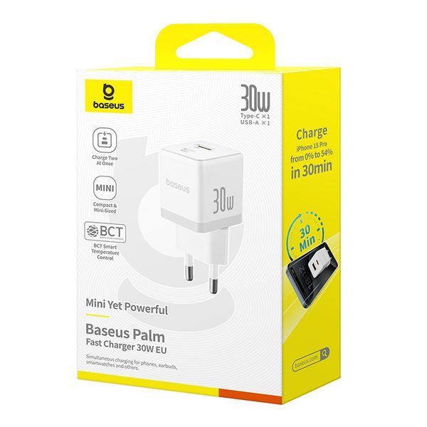 Мережевий зарядний пристрій Baseus Palm Fast Charger C+U 30W EU Moon White P1011160A213-00 фото