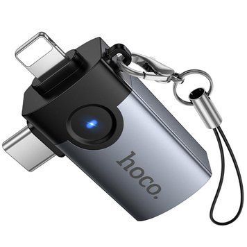 Перехідник Hoco UA46D OTG 2in1 Lightning male/Type-C male to USB female Metal gray ILSO-00000085026-1 фото
