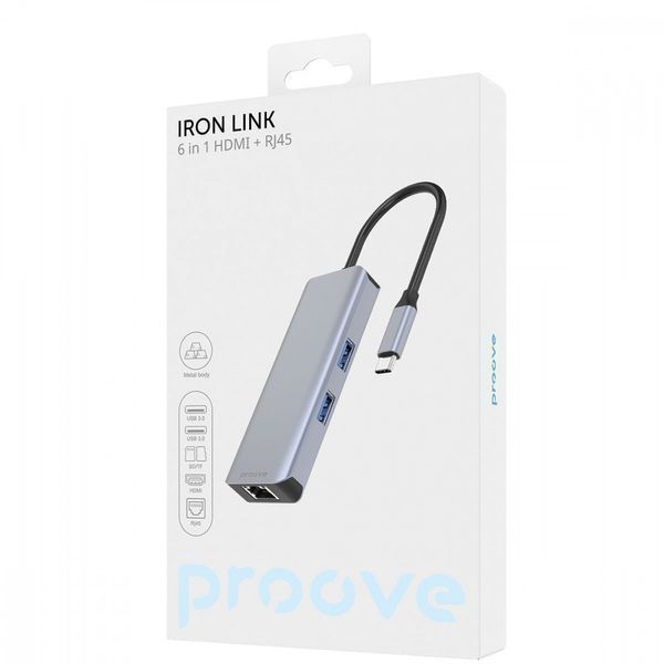 Type-C-Хаб Proove Iron Link 6 in 1 (2*USB3.0 + SD/TF + RJ45 + HDMI) Silver HBI700010004 фото