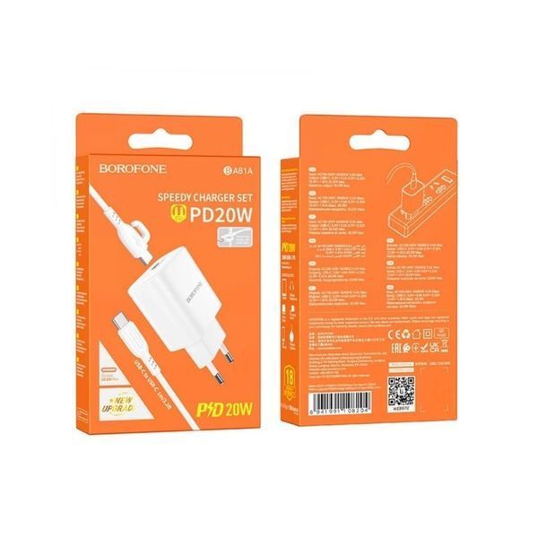 Сетевое зарядное устройство з кабелем BOROFONE BA81A single port PD20W charger set (Type-C to Type-C) (EU) White 6941991108204 фото