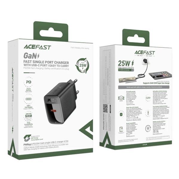 Мережевий зарядний пристрій ACEFAST A104 PD25W GaN single USB-C charger Black 656-01277 фото