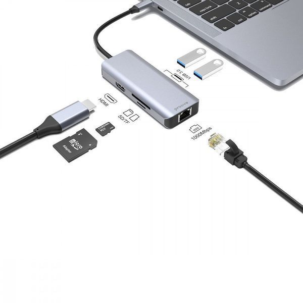 Type-C-Хаб Proove Iron Link 6 in 1 (2*USB3.0 + SD/TF + RJ45 + HDMI) Silver HBI700010004 фото