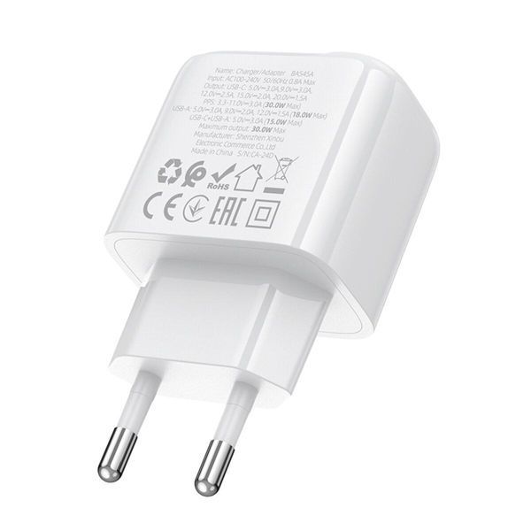 Сетевое зарядное устройство BOROFONE BAS45A Potential PD30W+QC3.0 charger(EU) White 656-01338 фото