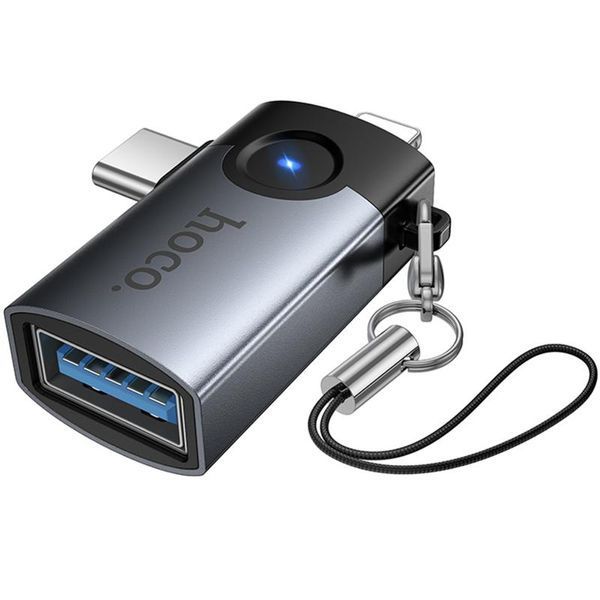 Перехідник Hoco UA46D OTG 2in1 Lightning male/Type-C male to USB female Metal gray ILSO-00000085026-1 фото