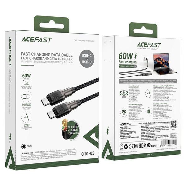 Кабель ACEFAST C10-03 Type-C to Type-C 3A, 60W, 1.2m, silicone, zinc connectors, Black 6974316283119 фото