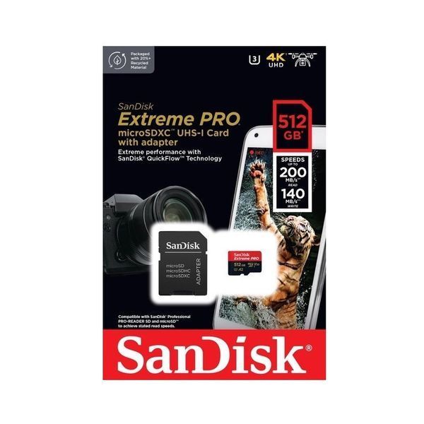 Карта пам'яті microSDXC (UHS-1 U3) SanDisk Extreme Pro A2 512Gb class 10 V30 (R200MB/s,W140MB/s) (adapter) SDSQXCD-512G-GN6MA фото