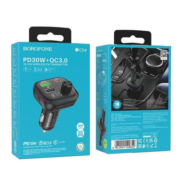 Автомобільний зарядний пристрій з FM-модулятором BOROFONE BC54 Acertar PD30W+QC3.0 car BT FM transmitter 18W Black 656-00578 фото