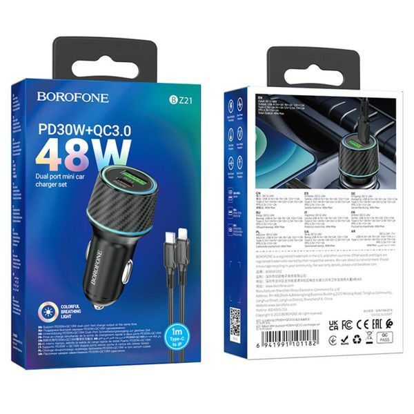 Автомобильное зарядное устройство BOROFONE BZ21 Brilliant 48W dual port PD30W+QC3.0 car charger set(C to iP) 656-00305 фото