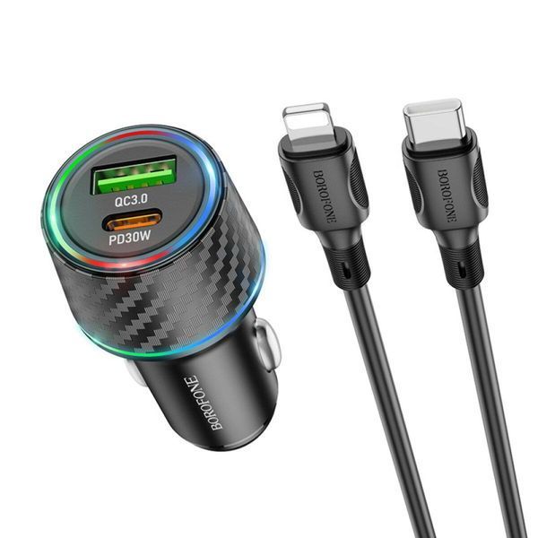 Автомобильное зарядное устройство BOROFONE BZ21 Brilliant 48W dual port PD30W+QC3.0 car charger set(C to iP) 656-00305 фото