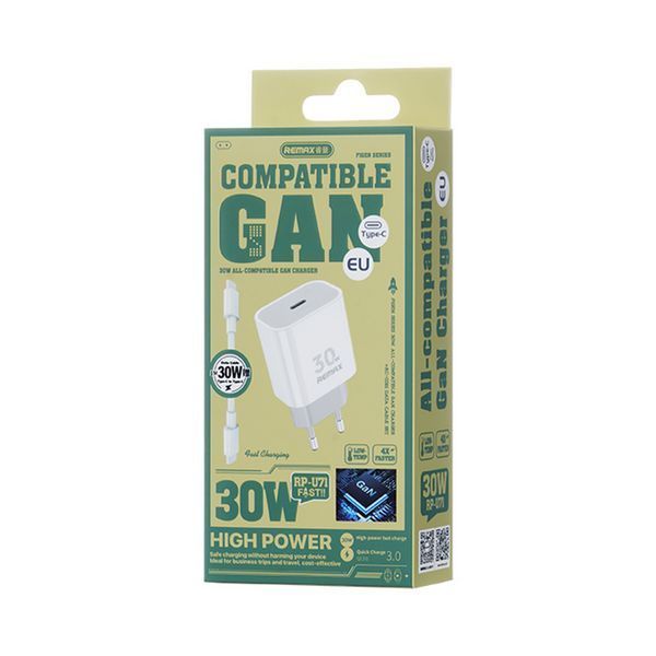 Мережевий зарядний пристрій з кабелем REMAX Figen Series 30W All-compatible GaN Charger+ RC-CO21 Data Cable Set RP-U71 EU-White 6954851236771 фото