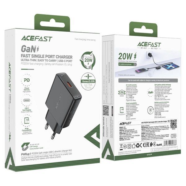 Мережевий зарядний пристрій ACEFAST A65 PD20W GaN single USB-C ultra-thin charger Black 656-01278 фото