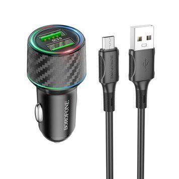 Автомобильное зарядное устройство BOROFONE BZ21A Brilliant 36W dual port QC3.0 car charger set(Micro) Black 656-00306 фото