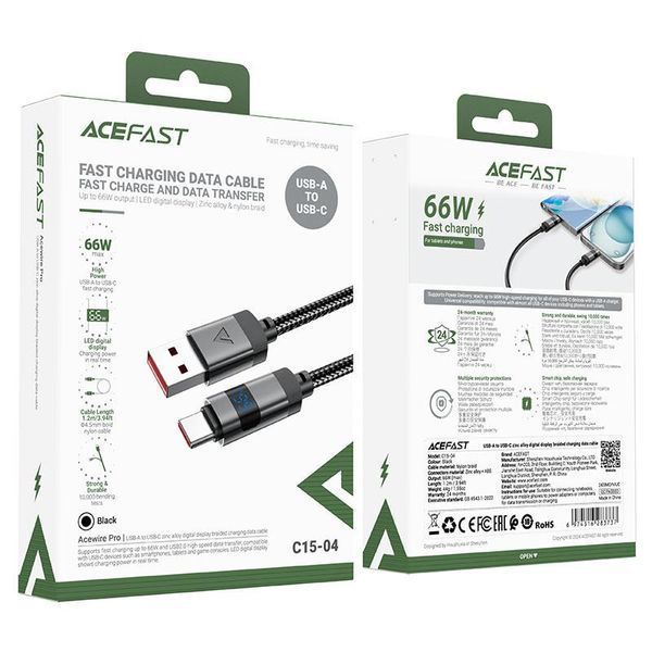 Кабель ACEFAST C15-04 USB-A to USB-C zinc alloy digital display braided charging data cable Black 6974316283737 фото
