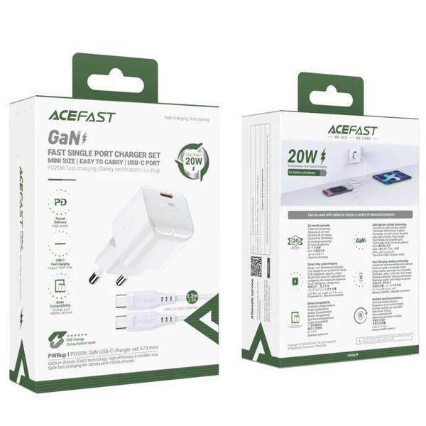 Сетевое зарядное устройство ACEFAST A73 mini PD20W GaN single USB-C charger set (C3-03) White 656-01279 фото