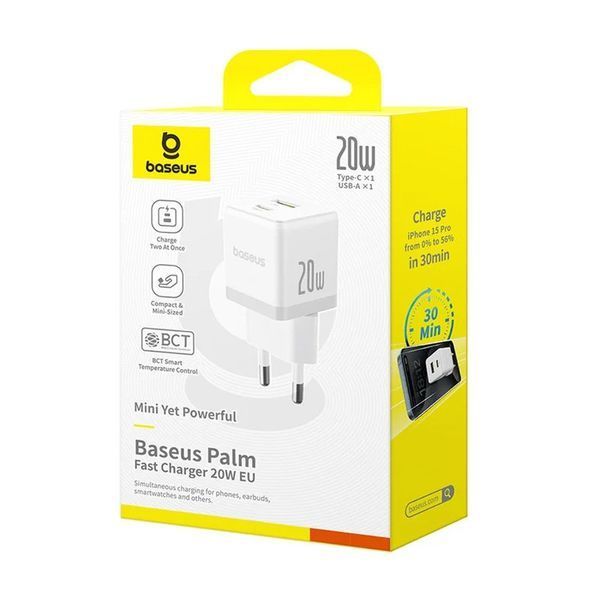 МЗП Baseus Palm Fast Charger PD20W+QC3.0 (1USB-A/1C) + кабель Type-C to Type-C (P10111608) Moon White ILSO-00000078028-2 фото