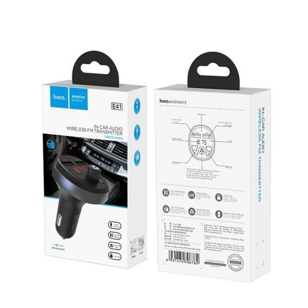 Автомобільний зарядний пристрій з FM-модулятором HOCO E41 In-car audio wireless FM transmitter Black 656-00579 фото