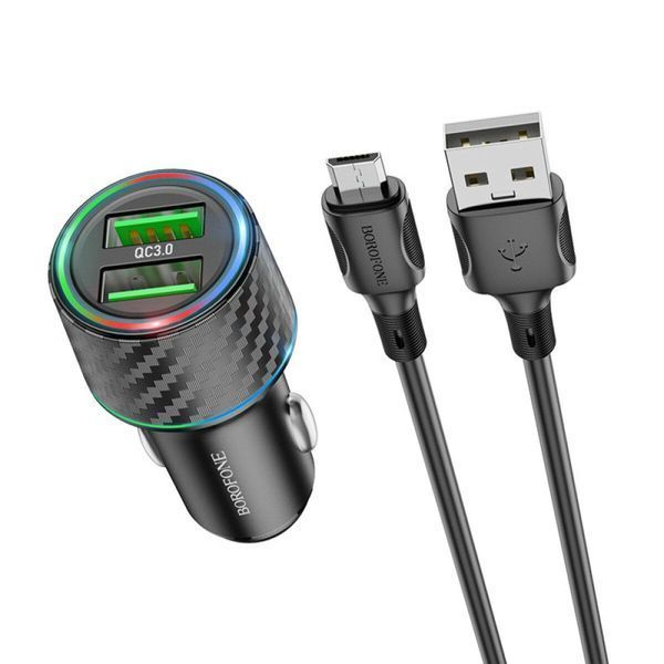 Автомобільний зарядний пристрій BOROFONE BZ21A Brilliant 36W dual port QC3.0 car charger set(Micro) Black 656-00306 фото