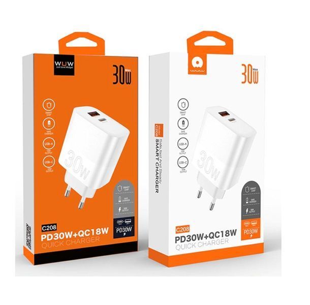 Зарядний пристрій WUW-C208 30W PD USB-C + USB QC3.0 18W White 209-00295 фото