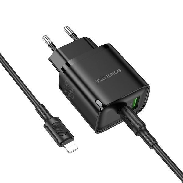 Сетевое зарядное устройство с кабелем BOROFONE BA83A Flare star PD20W+QC3.0 charger set(C to iP) Black 6941991117350 фото