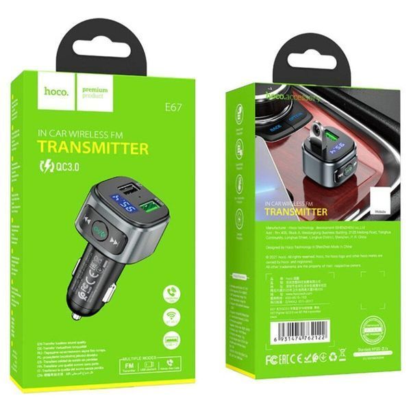 Автомобильное зарядное устройство с FM-модулятором HOCO E67 Fighter QC3.0 18W car BT FM transmitter Black 656-00580 фото