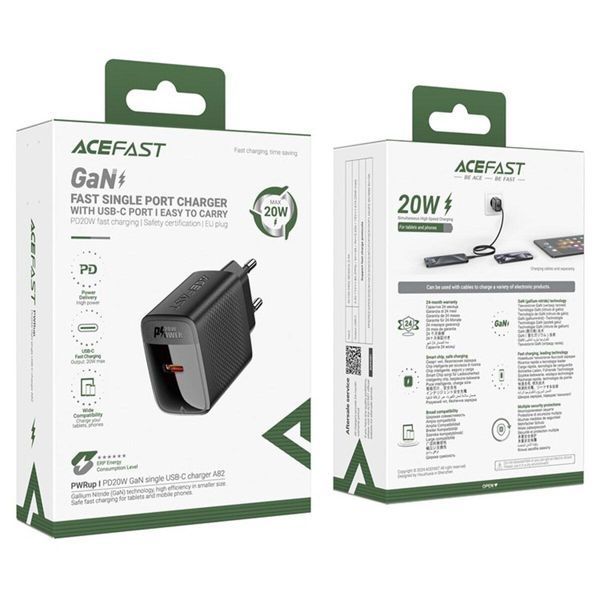 Мережевий зарядний пристрій ACEFAST A82 PD20W GaN single USB-C charger Black 656-01280 фото