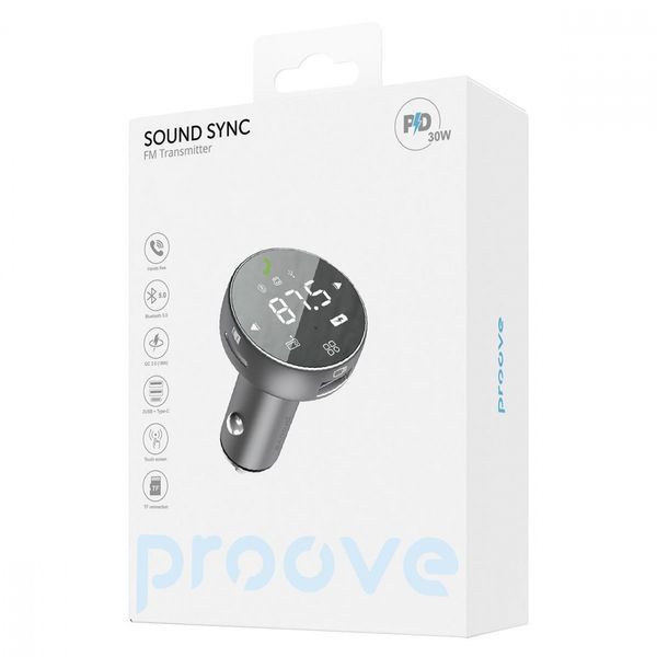 Автомобильное зарядное устройство Proove FM Launcher Sound Sync 30W (PD+QC3.0) Type-C+USB gray 656-02610 фото