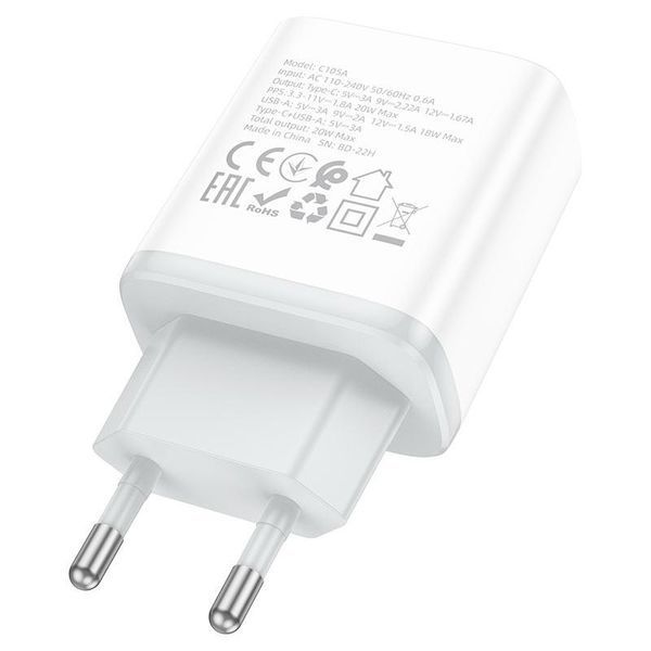 Сетевое зарядное устройство HOCO C105A Stage dual port PD20W+QC3.0 charger White 6931474782946 фото