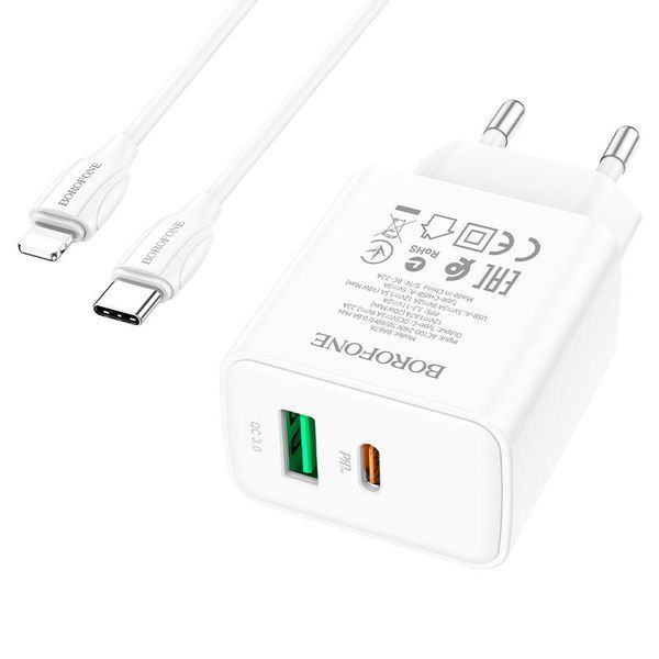 МЗП Borofone BA67A PD20W+QC3.0 (1USB-A/1C) + кабель Type-C to Lightning Білий ILSO-00000056905-1 фото