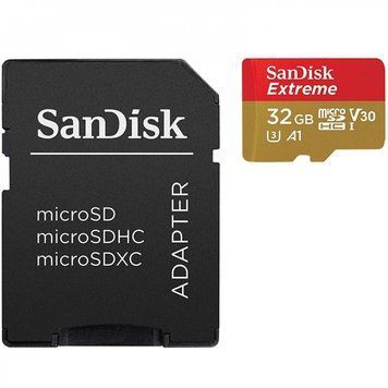 Карта памяти microSDHC (UHS-1 U3) SanDisk Extreme Action A1 32Gb Class 10 V30 (R100Mb/s, W60Mb/s) (adapter SD) TP SDSQXAF-032G-GN6AT фото