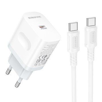 Сетевое зарядное устройство с кабелем BOROFONE BA99A Breeze single port PD20W charger set(C to C) White 6941991121371 фото