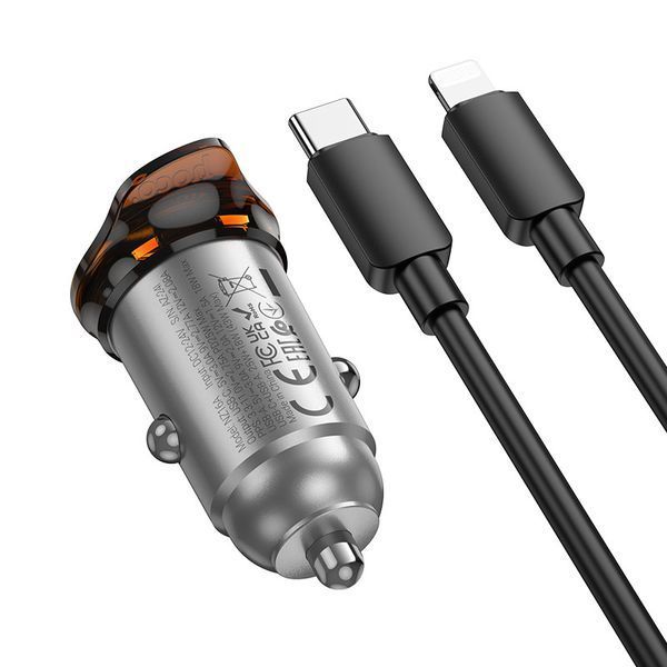 Автомобильное зарядное устройство HOCO NZ16A Rigorous 43W dual port PD25W+QC3.0 car charger set(C to iP) Metal Grey 6942007644754 фото