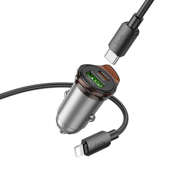 Автомобильное зарядное устройство HOCO NZ16A Rigorous 43W dual port PD25W+QC3.0 car charger set(C to iP) Metal Grey 6942007644754 фото