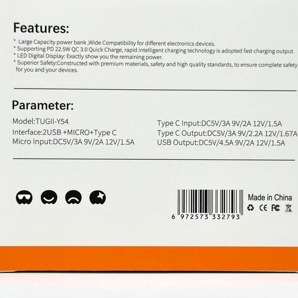 Портативний акумулятор Power Bank WUW-TUGII Y54 40000mAh PD22.5W Чорний 216-00112 фото