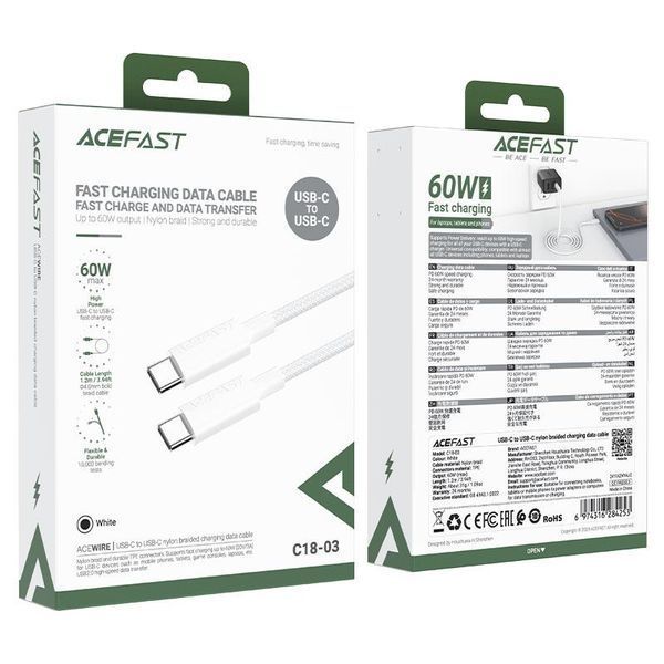 Кабель ACEFAST C18-03 USB-C to USB-C braid charging data cable White 6974316284253 фото