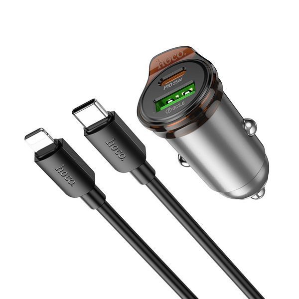 Автомобильное зарядное устройство HOCO NZ16A Rigorous 43W dual port PD25W+QC3.0 car charger set(C to iP) Metal Grey 6942007644754 фото