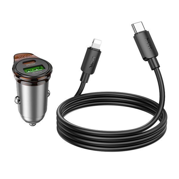 Автомобильное зарядное устройство HOCO NZ16A Rigorous 43W dual port PD25W+QC3.0 car charger set(C to iP) Metal Grey 6942007644754 фото