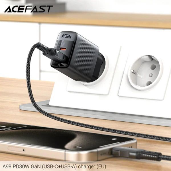 Сетевое зарядное устройство ACEFAST A98 PD30W GaN (USB-C+USB-A) charger Black 656-01284 фото