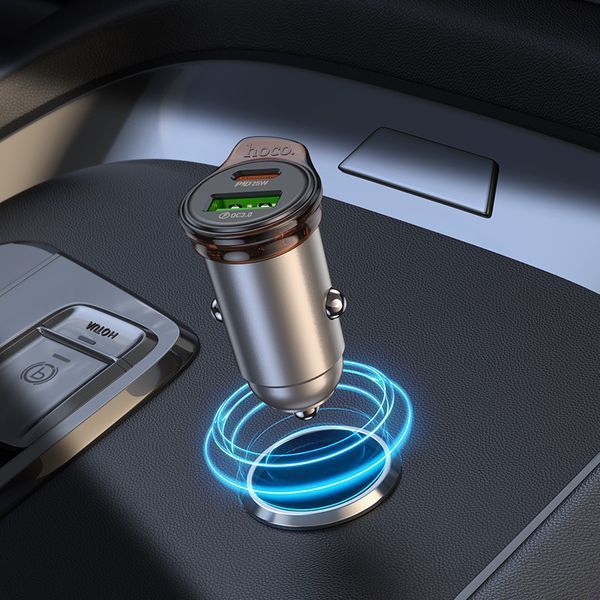 Автомобильное зарядное устройство HOCO NZ16A Rigorous 43W dual port PD25W+QC3.0 car charger set(C to iP) Metal Grey 6942007644754 фото