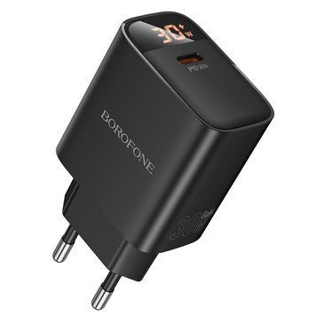 Мережевий зарядний пристрій BOROFONE BA97A Ilustre single-port PD30W charger with digital display (EU) Black 6941991120480 фото