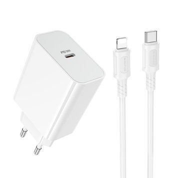 Сетевое зарядное устройство з кабелем BOROFONE BA107A Stellar single port PD30W charger set (C to iP) (EU) White 6941991125355 фото