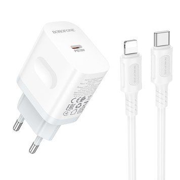 Сетевое зарядное устройство с кабелем BOROFONE BA99A Breeze single port PD20W charger set(C to iP) White 6941991121364 фото