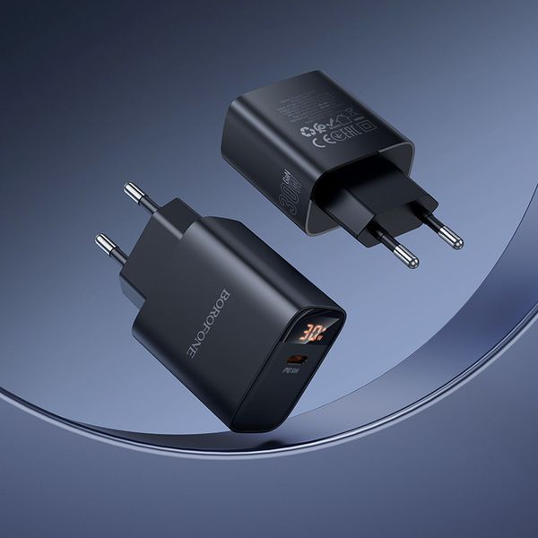 Мережевий зарядний пристрій BOROFONE BA97A Ilustre single-port PD30W charger with digital display (EU) Black 6941991120480 фото