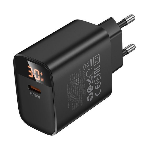 Мережевий зарядний пристрій BOROFONE BA97A Ilustre single-port PD30W charger with digital display (EU) Black 6941991120480 фото