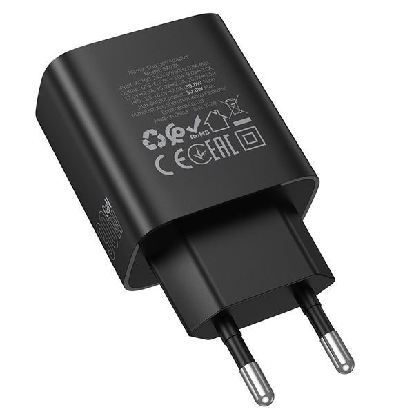 Мережевий зарядний пристрій BOROFONE BA97A Ilustre single-port PD30W charger with digital display (EU) Black 6941991120480 фото