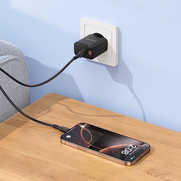 Мережевий зарядний пристрій BOROFONE BA97A Ilustre single-port PD30W charger with digital display (EU) Black 6941991120480 фото