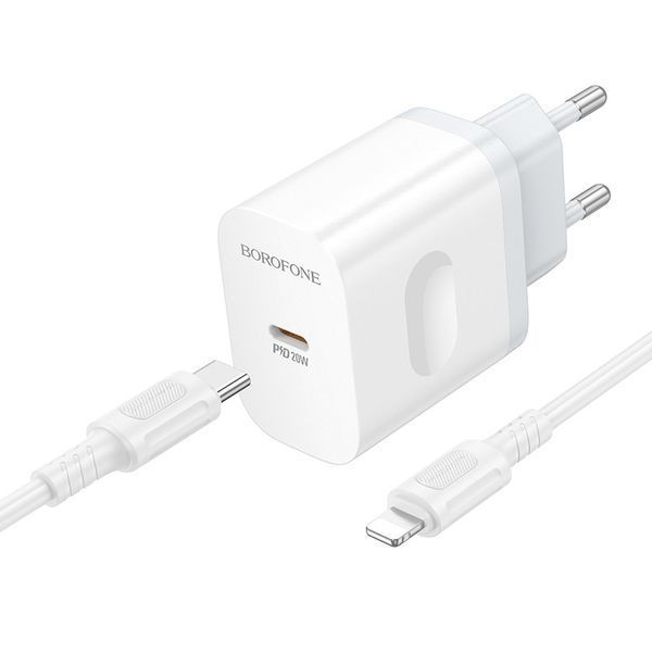Мережевий зарядний пристрій з кабелем BOROFONE BA99A Breeze single port PD20W charger set(C to iP) White 6941991121364 фото