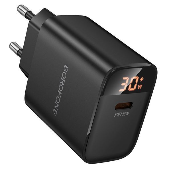 Мережевий зарядний пристрій BOROFONE BA97A Ilustre single-port PD30W charger with digital display (EU) Black 6941991120480 фото